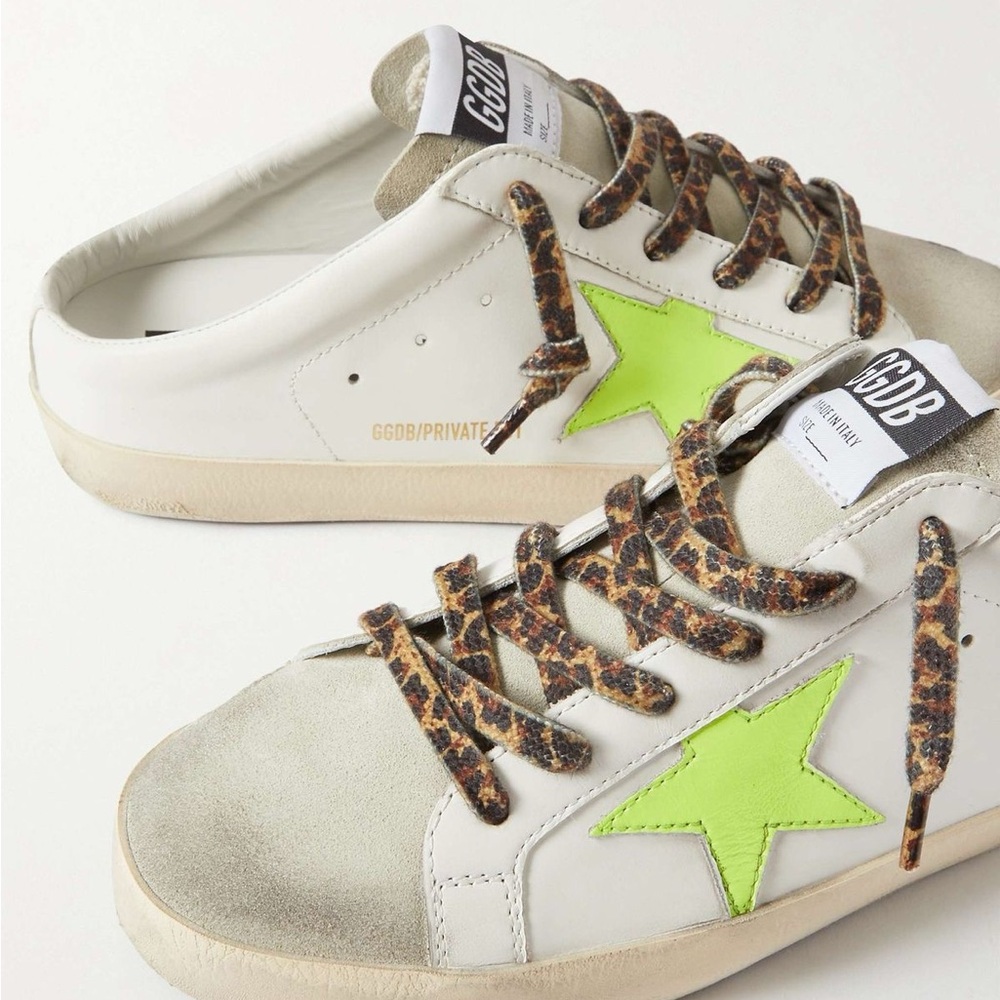 Golden Goose White Sneakers with Bright Green Star